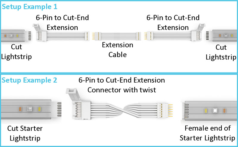 6-Pin to Cut-End Extension Connector for RGB+CCT LED Strip Lights (2 in/50 mm, White)